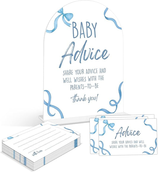 Baby Shower Games - Blue Bow Baby Shower Advice for Parents To Be, 1 Arch Acrylic Sign and 50 Advice Cards, Gender Reveal Game, Blue Baby Shower Decoration Supplies (BN02)