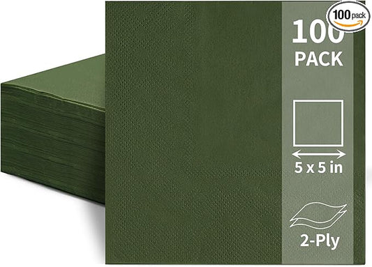 100 Pack Cocktail Napkins Disposable, 2-Ply 5" x 5" Party Napkins, Square Beverage Dinner Napkin for Wedding Birthday Party Anniversary Reception Bar Event (Dark Green)