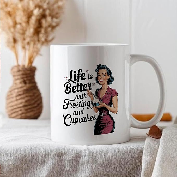 Retro Women Frosting & Cupcakes Sarcastic Coffee Drinking Cup, White Ceramic Mugs, 11oz 15oz