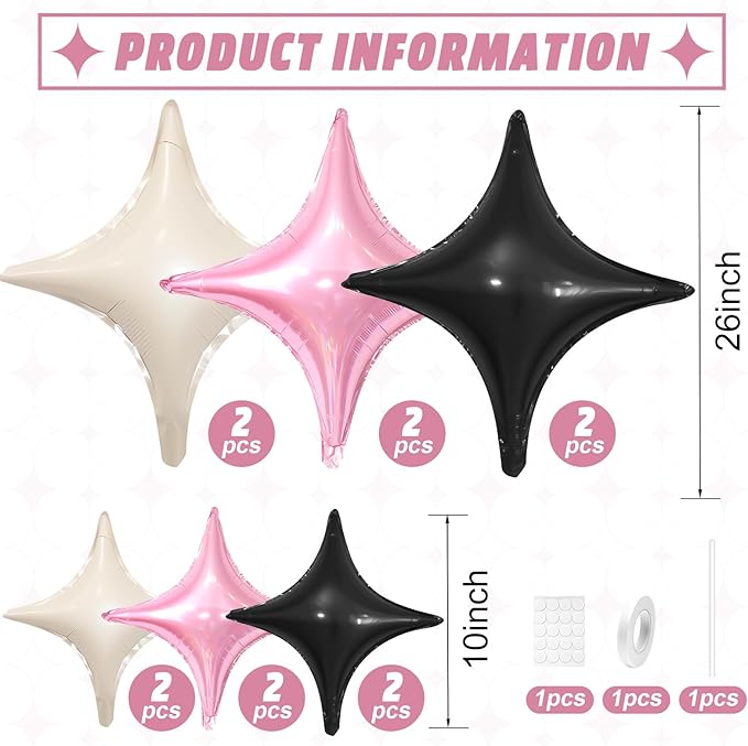 Pink Black Star Balloons,12Pcs Four Angle Star Foil Balloons,26Inch and 10Inch Pink White Quadrangle Helium Balloon for Birthday Baby Shower Anniversary Party Decorations