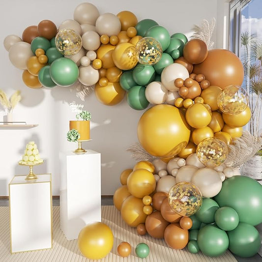 Brown Yellow Green White Balloon Arch Kit, 156Pcs Caramel Brown Mustard Yellow Sage Green White Sand Balloons Garland for Boho Safari Jungle Woodland Birthday Baby Shower Wedding