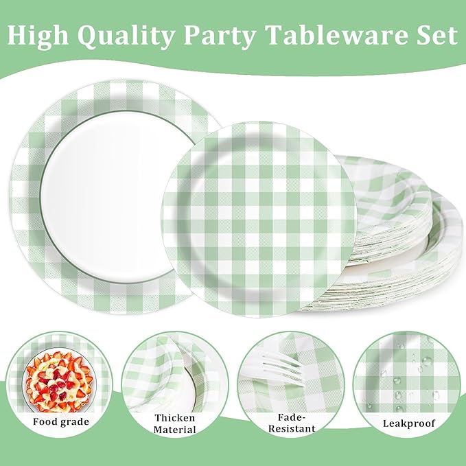 Sage Green Gingham Disposable Plates and Napkins Party Supplies, Green and White Tableware Set Green Plaid Paper Plates for Birthday Family Dinner Picnic BBQ Baby Shower Wedding Decor Serves 25