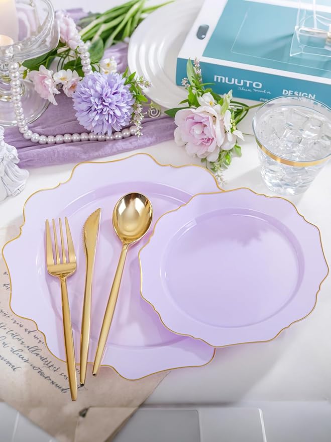 WDF 175Pcs Purple Plates Disposable - Lavender Plastic Plates 25guest Plastic Dinnerware Ideal for Birthday Party/Wedding/Spring/Picnic