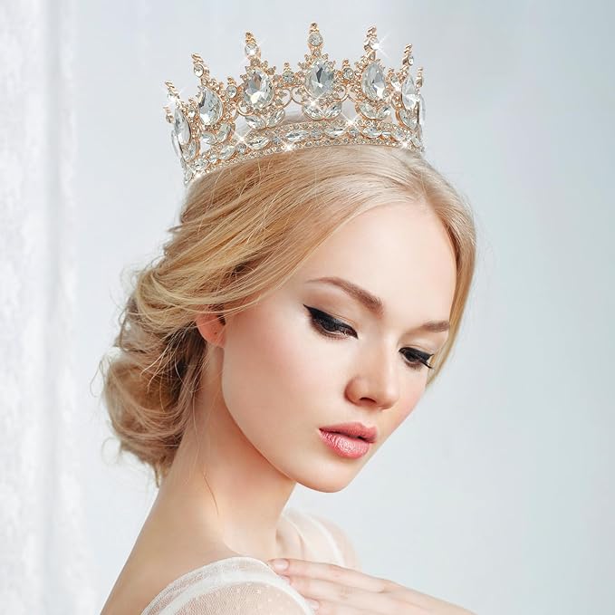 Queen Rhinestone Wedding & Bridal Crowns - Rose Gold & White Tiaras for Women - Costume Party & Princess Birthday Accessories