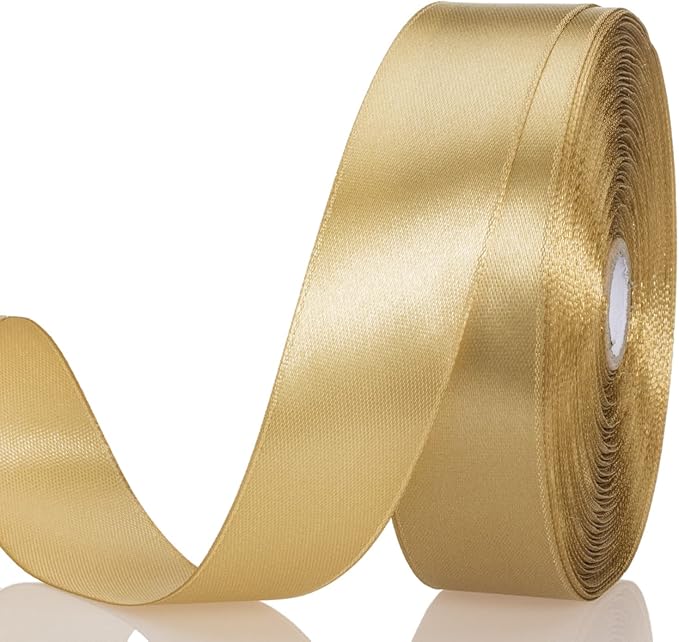 1 Inch Champaign Gold Solid Satin Ribbon, 50 Yards Craft Fabric Ribbon for Gift Wrapping Floral Bouquets Wedding Party Decoration