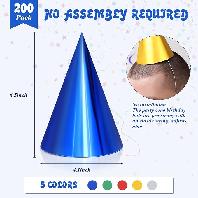 Geosar 200 Pcs Birthday Party Hats Metallic Cone Bulk Multicolor Paper Hat with Elastic String for Youth Adults Pets, Gold, Silver, Red, Blue and Green