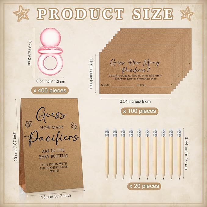 Roowest 512 Pcs Baby Shower Games Guess How Many Pacifiers Sign 100 Small Guessing Games 10 HB Pencils 750ml Milk Bottle 400 Acrylic Pacifiers Decoration for Guest Gender Reveal(Pink,Kraft)