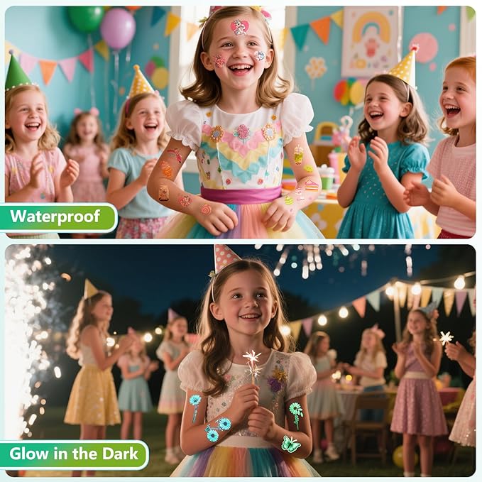 150+ Glow Kids Temporary Tattoos for Girls – Individually Wrapped, Waterproof, Glow in the Dark – Mermaid, Unicorn, Princess, Fairy, Ocean & Butterfly Themes