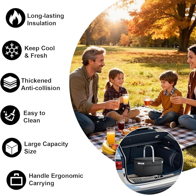 ALLCAMP Picnic Basket - 32L Insulated Cooler, Thickening Foldable Picnic Basket with Removable Baskets & Sewn-in Frame, Basket for House Warming Gifts New Home(Jet Black)