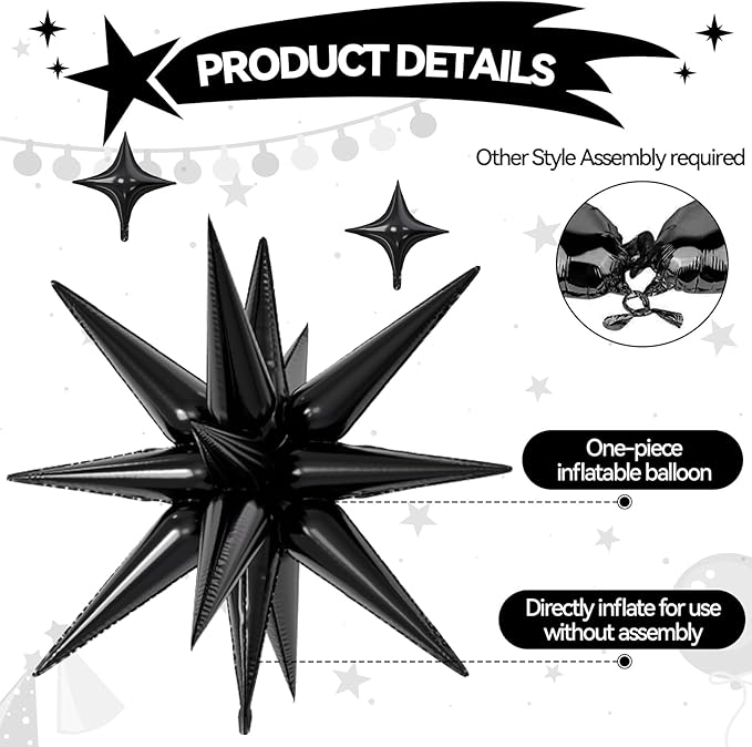 18 Pcs Black Silver Star Balloons, Silver and Black Balloon with 6 Pcs 22-Inch Explosion Star Balloons 12Pcs 10-Inch Four Pointed Stars Foil Balloon for Anniversary Birthday Party Decorations