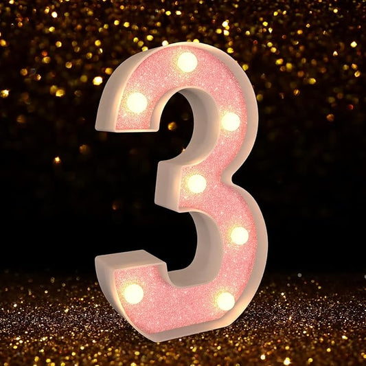 Marquee Numbers Light up Numbers, 0-9 Number Battery Powered LED Light, Pink Glitter Plastic Numbers for 3rd Birthday Decorations, Number Decor for Graduation Engagement Wedding Birthday (Number 3)