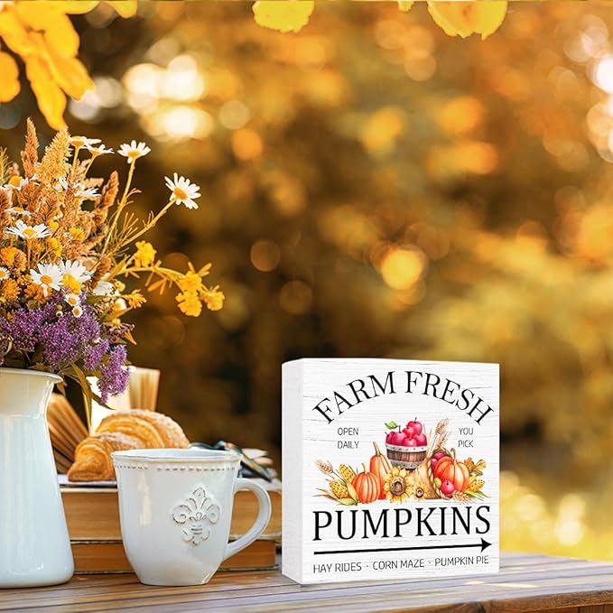 Funny Autumn Wood Box Sign Fresh Pumpkins Wooden Block Desk Decor for Home Office Kitchen Cubicle Table Shelf Tabletop,Farmhouse Fall Sign Decor