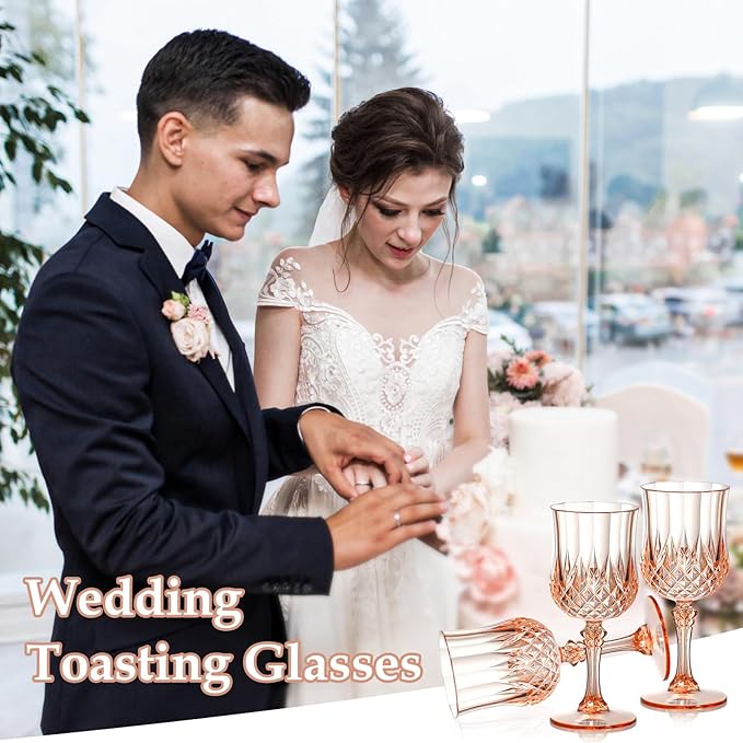 XUWAIDSGN 16 Pcs 7oz Plastic Vintage Wine Glasses Drinking Glasses Unbreakable Wedding Glassware Crystal Water Goblets Reusable Drinkware Vintage Champagne Flutes (16, Pink)