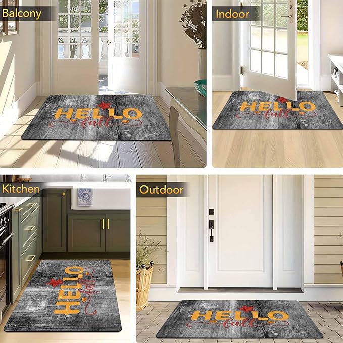 Hello Fall Door Mat Fall Maple Leaves Welcome Doormat, Seasonal Harvest Thanksgiving Vintage Rustic Low-Profile Floor Switch Mat for Indoor Outdoor