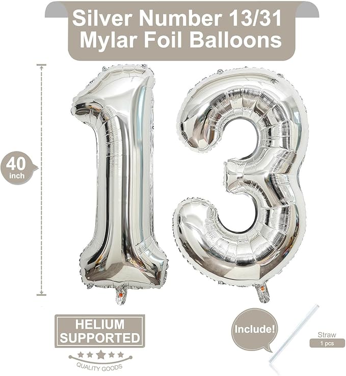 40 Inch Silver 13 Number Balloons Giant Jumbo Huge 13 or 31 Foil Mylar Helium Number Digital Balloons Silver Birthday Mylar Digital Balloons 13th 31st Birthday Anniversary Events Party Decorations
