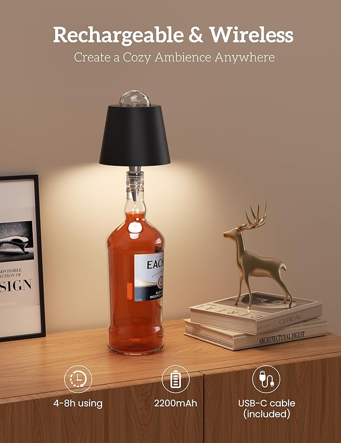 Joyzy Table Lamp with Projector Lighting, Wireless Wine Bottle Lamps Rechargeable Wine Bottle Lights Water Wave Ripple Projection Liquor Bottle Room Decoration Light Ambient for Bar Restaurants