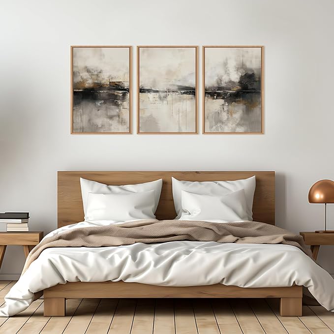 HOURIA Large Neutral Black Brown Framed Canvas Wall Art Set,Abstract Gray Wall Decor,Minimalist Beige Wall Painting,Modern Illustrations Tan Art Print for Living Room, Bedroom, Office- 16"x24"x3