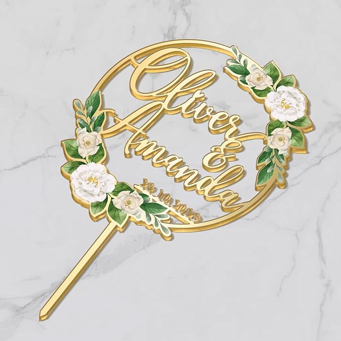 Personalized Wedding Cake Topper in Acrylic Custom Bride & Groom Name & Date Cake Decoration Printed with Flowers & Green Leaves