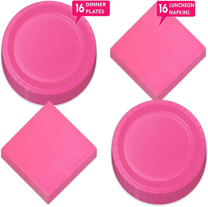 Live It Up! Party Supplies Solid Hot Pink Paper Dinner Plates and Luncheon Napkins (Serves 16)