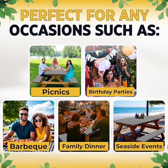 RNOONY 8ft Polyester Picnic Table Cover with Bench Covers Windproof & Waterproof Tablecloth, Perfect for Camping Gifts & RV Essentials, Cool Camping Gadgets with Carrying Bag, 96x30 Inches,4Pcs Black