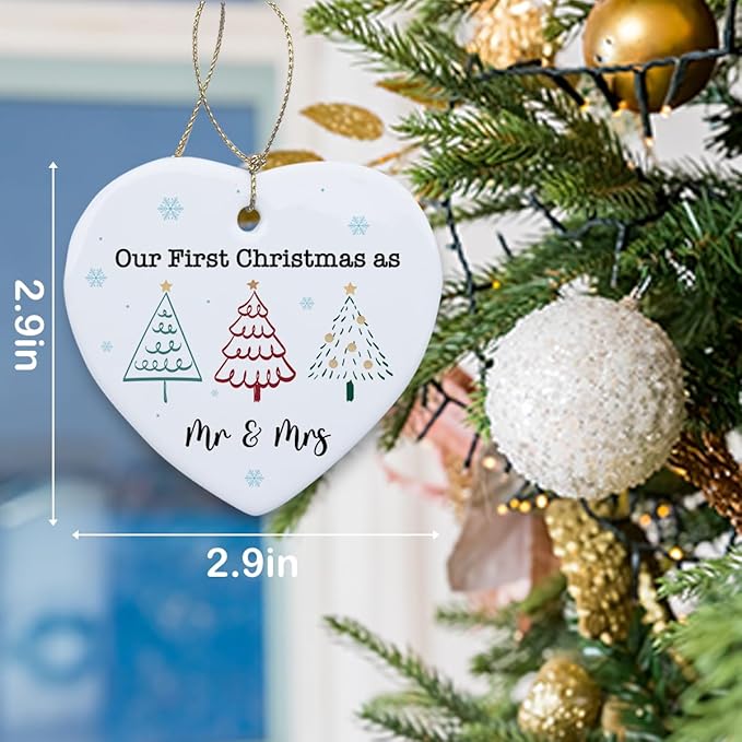 Our First Christmas as Mr Mrs Married Ornament Wedding Anniversary Couples Gifts for Him Her Husband Wife Wedding Christmas Heart Ceramic Xmas Tree Ornament Decorations