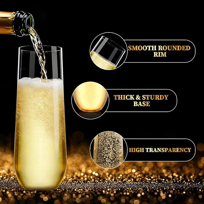 Guanqiao 12 Pack Stemless Plastic Champagne Flutes, 9 oz Clear Disposable Plastic Glasses, Heavy Duty Shatterproof Recyclable Mimosa Glasses for Party Wine Tasting Wedding New Years Eve Party Supplies