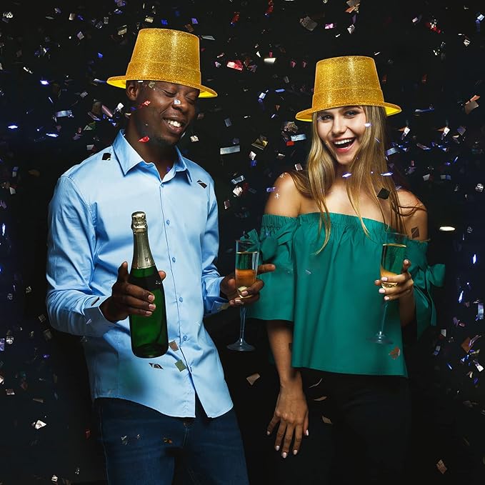 Hillban 50 Pack Glitter Top Hats Bulk Happy New Year Shiny Magician Top Hat for Adults Costume Party