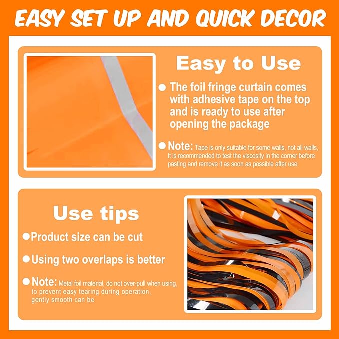 3 Pack Black Orange Foil Fringe Curtains Backdrop, 3.28 x 8.2 Ft Metallic Streamers Tinsel Curtains Background for Photo Booth, Birthday, Christmas, Halloween, New Year Party Decorations