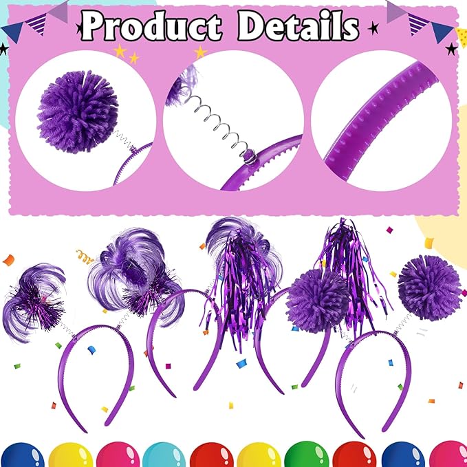 Censen 24 Pcs Pom Pom Headband Tinsel Wrapped Ponytails Head Bopper Costume Headwear Halloween Party Hair Accessories