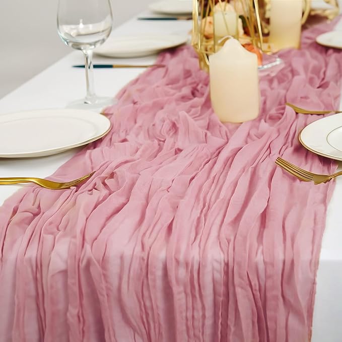 12 Pack Boho Gauze Table Runner - 10Ft Long Rustic Sheer Cheesecloth for Wedding, Bridal, Baby Shower, Birthday Party, Cake Table, Arbor Decorations (Dusty Rose)