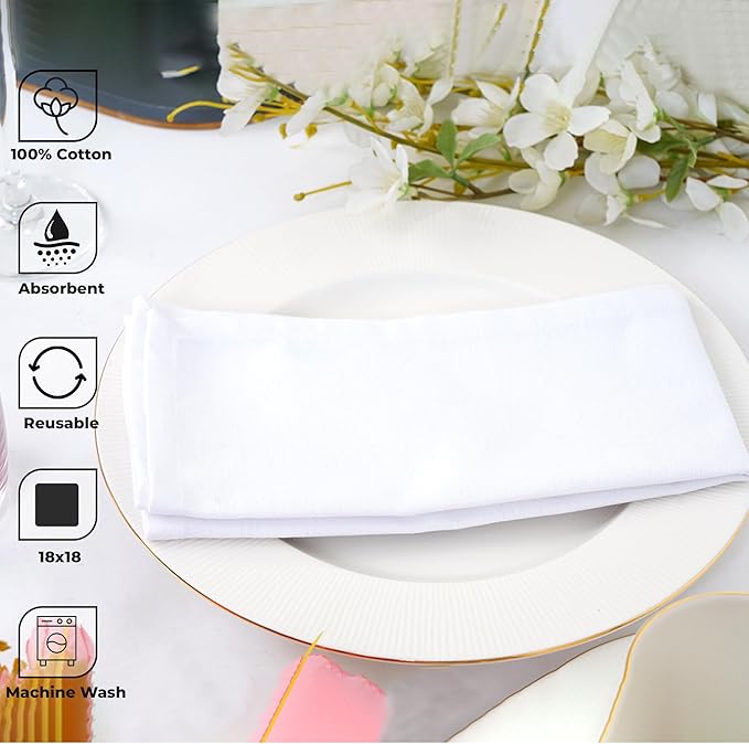 Blue Needles Solid Cloth Napkins Set of 6 White 100% Cotton Dinner Napkins 18x18 inches - Soft, Reusable, Absorbent & Washable Fall Thanksgiving Linen, Ideal for Events, Parties & Everyday Use