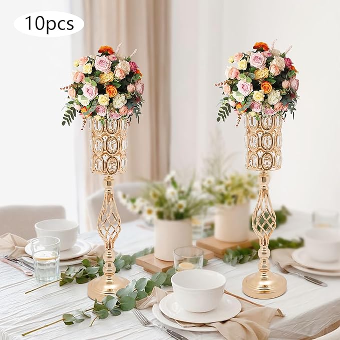 Wedding Centerpieces Gold Vases,10PCS Metal Flower Candle Holder,Wedding Vase for Tables,Crystal Flower Vase Metal Flowers Stand for Party Tables Decorations