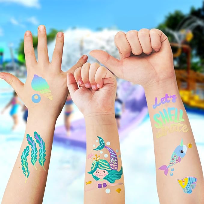 Mermaid Temporary Tattoos for Kids, 85+ Glitter Fake Tattoo, Pirate, Bluey, Dinosaur, Paw Patrol Sleeve Tattoos, Ocean Creatures & Animal, Birthday Party Gift for Boy & Girls