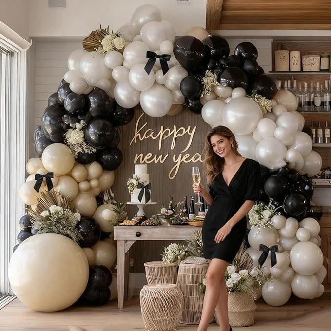 Black White Balloon Arch, Double Stuffed Pearl White Black Bow Balloon Garland Cream Ivory Sand Latex Balloons for Birthday Wedding Bridal Shower Engagement Halloween New Year Party Decorations