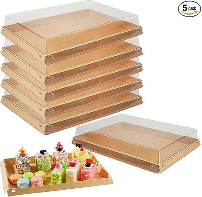 5 Pack 11" x 7.5" Serving Trays Sets Catering Trays with Lids, Paper Charcuterie Boxes with Clear Lids, Party Platters Take Out Food Containers for Snacks Fruit Cookies Dessert Sandwiches