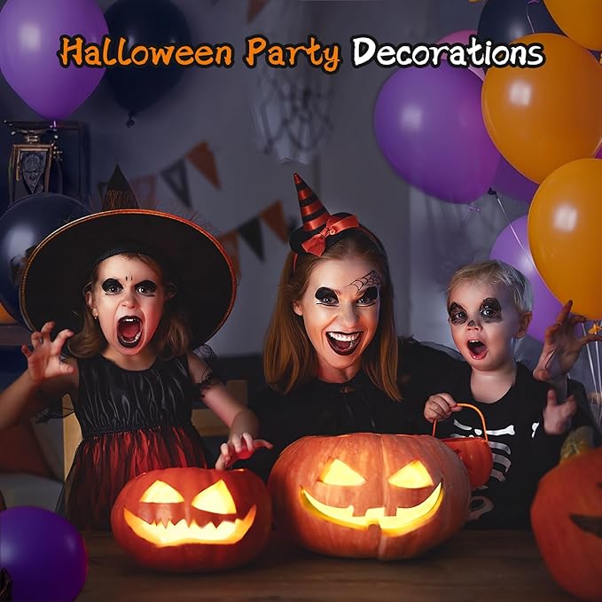 Orange and Black Balloons with Ribbons, 12-Inch Halloween Party Orange Purple and Black Latex Balloons for Halloween Party Decorations, Perfect for Spooky Party Decor