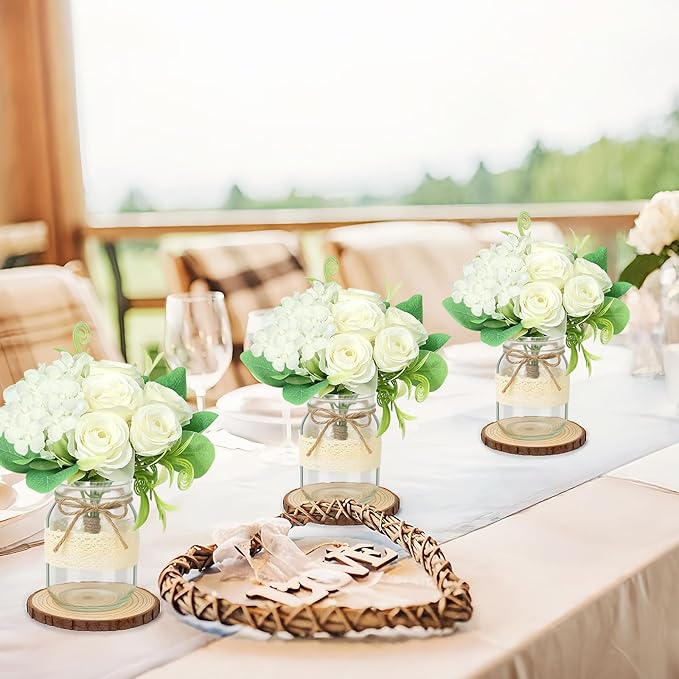 Set 6 Mason Jar Table Centerpiece - Wedding Centerpieces for Tables, Mason Jar Flower Centerpiece Vases Decor- Boho Farmhouse Rustic for Engagement, Bridal Shower, Wedding, Versatile Decor (White)
