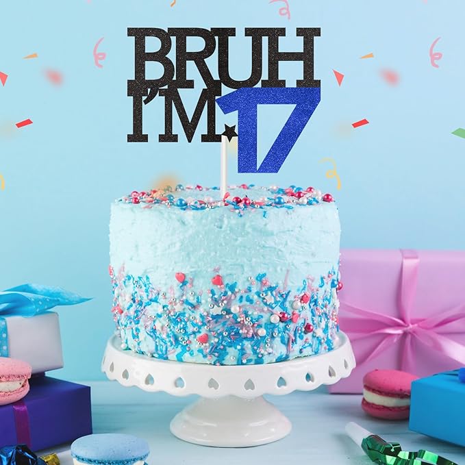 Bruh I'm 17 Cake Topper, Happy 17th Birthday Decorations for Boy, Funny 17th Birthday Cake Topper Birthday Party Decoration Supplies