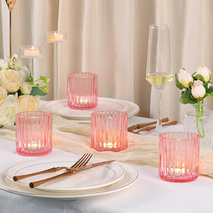 Pink Large Votive Candle Holder Set of 8, Tea Lights Candle Holders for Wedding Table Centerpieces. Boho Decor, Home Dinner Birthday Party Decor, Bridal Shower and Holiday Decorations