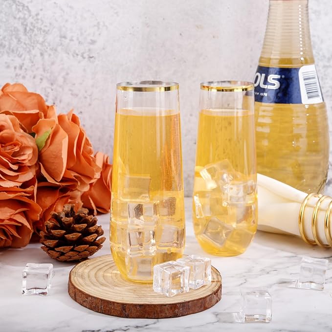 SUT 36PCS Stemless Plastic Champagne Flutes, 9 Oz Gold Rim Clear Plastic Toasting Glasses Shatterproof Cocktail Cups Mimosa Cups Stemless Glass Glasses Disposable for Wedding Parties & Shower