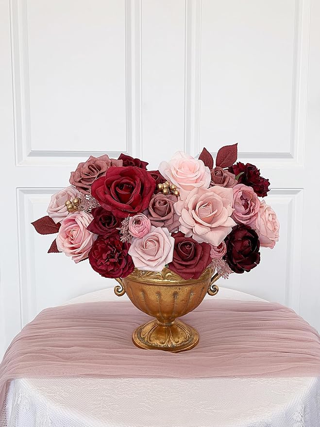 Roses Artificial Flowers Burgundy Fake Flower Bulk for DIY Wedding Bouquet Bridal Baby Shower Centerpiece Table Decorations Cake Decorating Silk Faux Floral Arrangements Party Home Decor Dusty