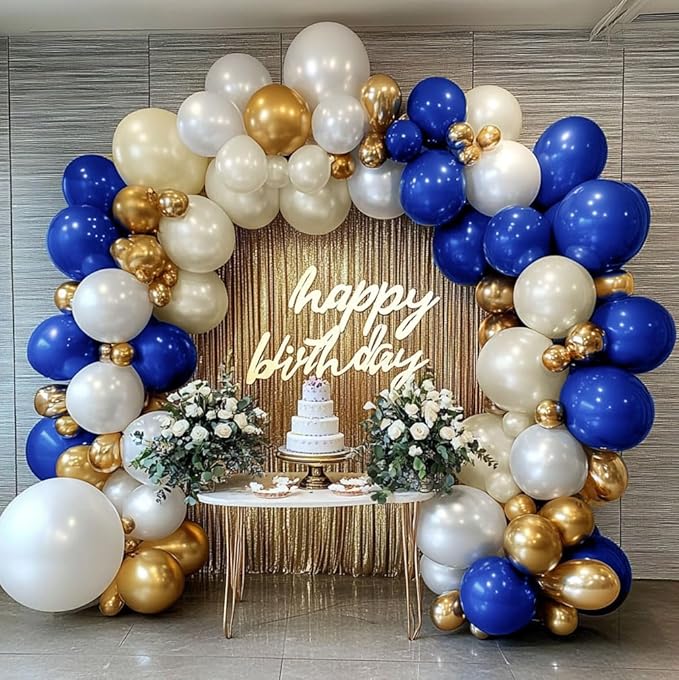 Royal Blue and Gold Balloon Garland - Double Stuffed Pearl Sand White Blue Gold Balloons Arch Kit for Birthday Graduation Anniversary Bachelorette Wedding Baby Shower Party Decoration