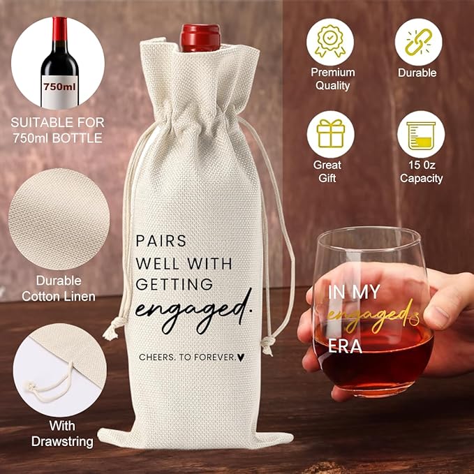 FBCCZEY In My Engaged Era Wine Bag Glass Engagement Gifts for Couples Her Engagement Party Decorations Gifts for Engaged Couple