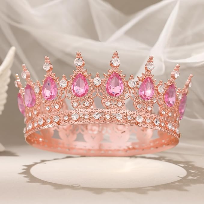 Rose Pink Crown for Women Crystal Tiara and Queen Crown for Girl Wedding Headband for Bride Hair Accessories for Costume Birthday Party Cake Decoration Prom
