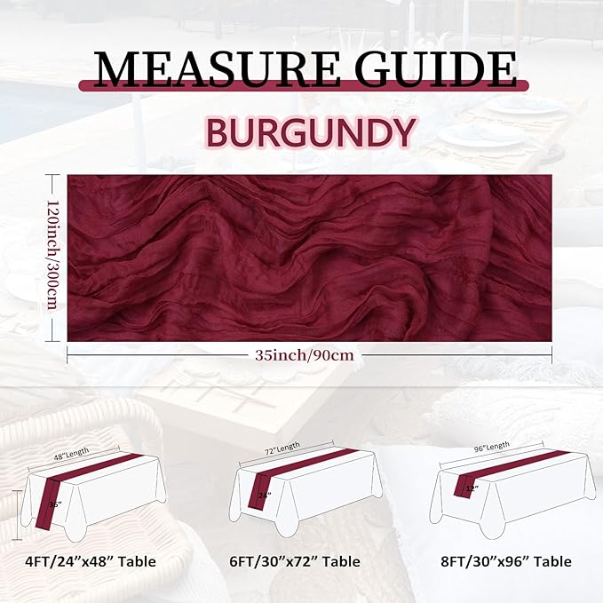 12 Pack Burgundy Cheesecloth Table Runner 10FT Boho Gauze Cheese Cloth Fabric 35 x 120 Inch Rustic Sheer for Christmas Fall Thanksgiving Centerpiece Wedding Decor Baby Shower Party Decoration