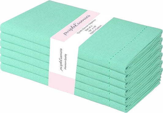 PurpleEssences Set of 6 Hemstitch Cloth Dinner Napkins 100% Cotton - Soft Durable Washable - Ideal for Wedding Christmas Holiday Winter - Perfect Everyday Use Table Linen 18x18 - Turquoise