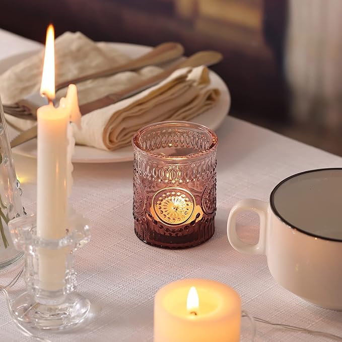 12pcs Purple Votive Candle Holder, Glass Tea Lights Candle Holders for Wedding Table Centerpieces, Birthday Parties and Home Decor