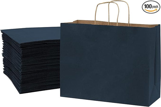 Prime Line Packaging Paper Gift Bags, Navy Blue Kraft Paper Bags with Handles, Shopping Bags for Small Business, Retail Use, Birthday Parties, Restaurants, Take-Out, Merchandise, Bulk, 16x6x12, 100 Pack