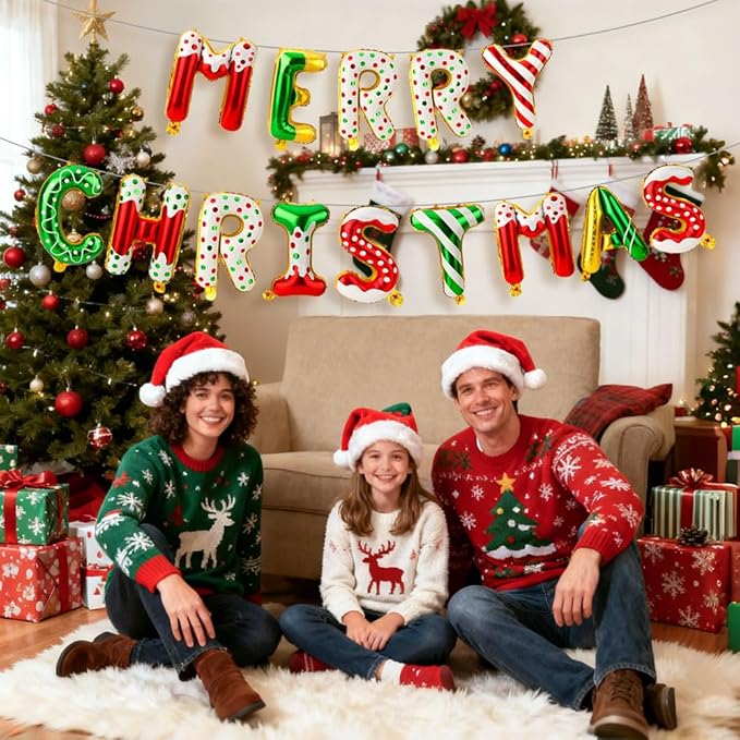16 Inch Merry Christmas Balloons 14 PCS Red and Green Balloons Banner Candy Cane Gingerbread Xmas Letter Aluminum Mylar Foil Balloon Decorations Backdrop Hanging Party Favors Supplies Indoor Outdoor
