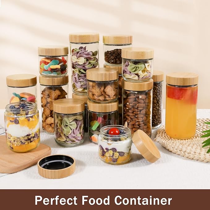 OcePor 6 Pack Glass Jars with Bamboo Lids, Over Night Oats Container with Airtight Lid, Glass Snack Storage Salad Jars For Food, Yogurt, Sugar and Flour,Coffee Bean, Cookie, Cereal